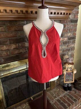 Maeve Anthropologie Red Crystal Embellished Halter Top Keyhole Blouse Medium NWT